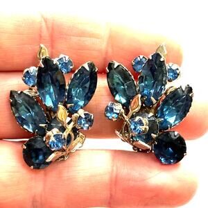 Vintage mid century clip on earrings silver & blue rhinestones dressy statement